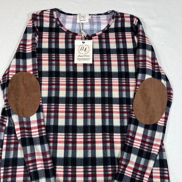 Grace & Emma Plaid Tunic Dress Red Black White Elbow Patches Work Play Small NWT - Picture 3 of 9